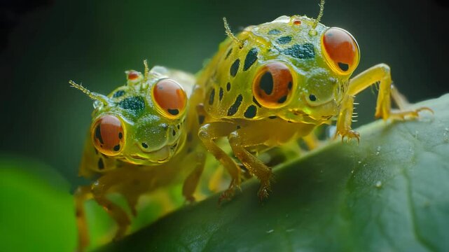 Vibrant Yellow Grasshoppers on a Leaf