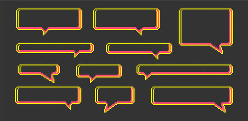Set of neon pixel icons of speech bubbles. Retro 8 bit shapes in pixel art.