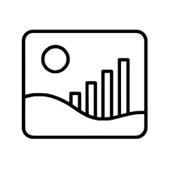 Obraz premium Minimal line icon of data landscape with rising bar graph and sun symbol