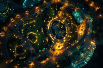Illuminated aerial view of Dubai Frame surrounded by Zabeel Park at night in the UAE, Aerial illuminated view Dubai Frame Zabeel Park UAE