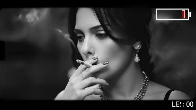 Monochrome close-up of an elegant Caucasian woman with dark hair holding a lit cigarette with smoke rising upwards and looking thoughtfully out of frame in a classic film noir aesthetic.