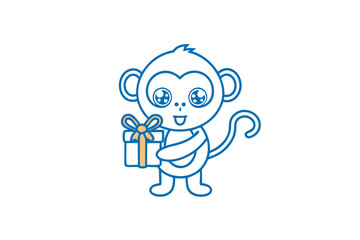Happy blue cartoon monkey is holding a yellow gift box very cheerfully