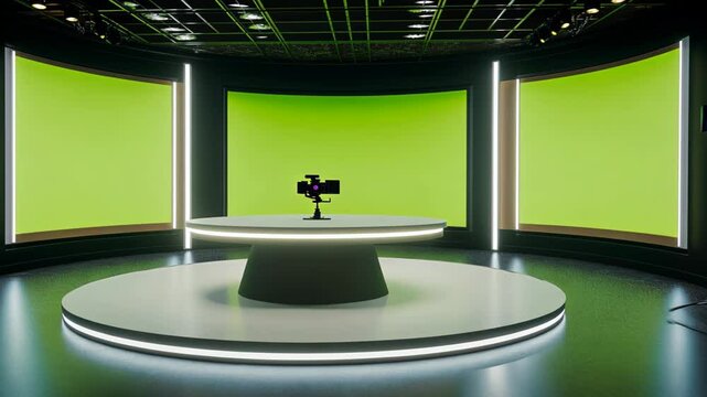 A modern studio featuring a green screen backdrop and a central platform with a camera setup
