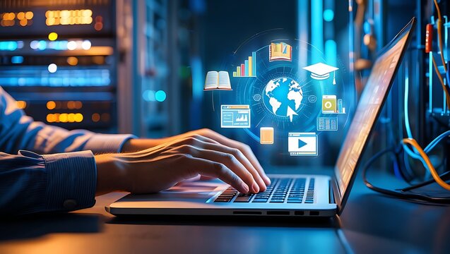 Person using laptop with digital education and data visualization icons in a server room