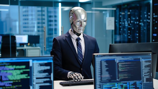 Humanoid robot in a suit works on a computer in a modern office with data screens