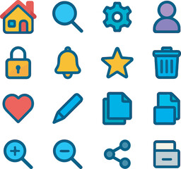 Collection of sixteen distinct multicolored icons representing common user interface elements and functions