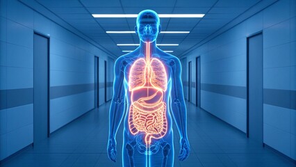 Digital illustration of a transparent human figure displaying a glowing digestive system (esophagus, stomach, and intestines), set within a blurred hospital hallway. Ideal for representing patient
