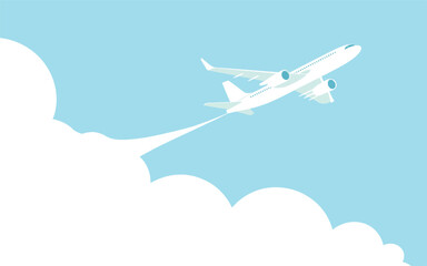Naklejka premium Modern white passenger airplane flying through a clear blue sky with white clouds