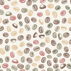 Coffee beans seamless pattern. Vector sketch illustration. Colorful grains background. Wrapping paper or print design