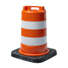 Orange and white striped traffic barrel with a black base isolated on transparent background