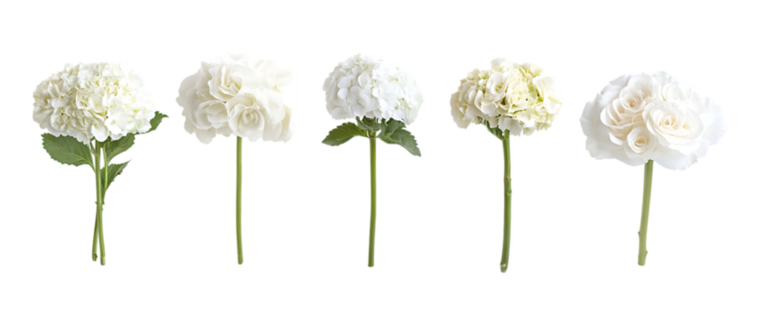 Pack Collection Five White Hydrangea Blooms Elegant Floral Arrangement set against transparent background