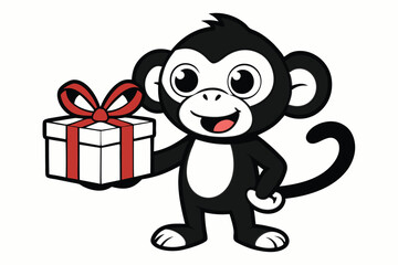 Happy cartoon monkey joyfully holds a white gift box adorned with a bright red bow