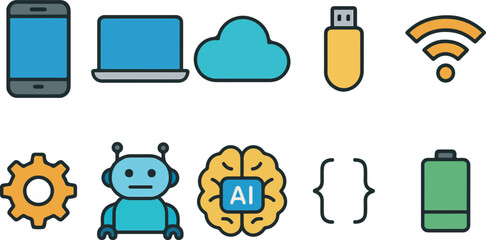 Collection of Digital Technology and Artificial Intelligence Icons Illustrating Innovation and Connectivity