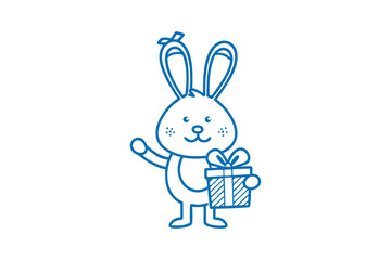 Happy blue rabbit outline presents gift with a cute smile and small bow
