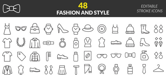 Fashion and Style Icon Set for Apparel Design Boutique Clothes and Accessories Minimalist Line Art Editable Stroke Icons