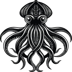 Intricate Monochrome Illustration of a Cephalopod Detailed Ink Drawing of an Octopus or Squid