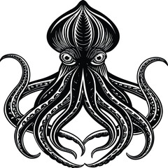 Intricate Black and White Illustration of a Majestic Squid Vector Art, EPS Format