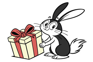 Smiling cartoon bunny character is holding a beige present tied with a red ribbon