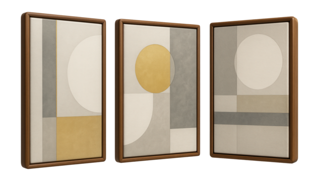 Set of decorative paintings with inspirational quotes, suitable for a home office or study area.