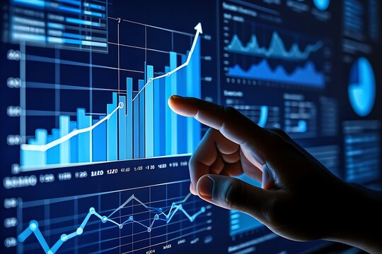 Person analyzing a glowing blue financial stock market graph on a digital screen