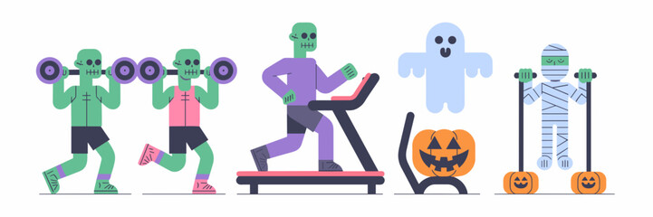 Halloween gym icon sheet with monsters working out – Ideal for spooky sports gear, themed invitations, or Halloween promotions
