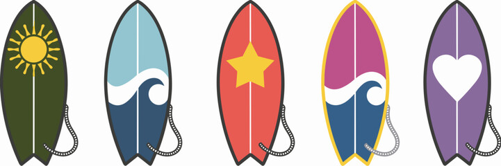 Surfboard icons with colorful patterns and leash strings – Ideal for beach lifestyle campaigns, surfboard branding, or summer promotions
