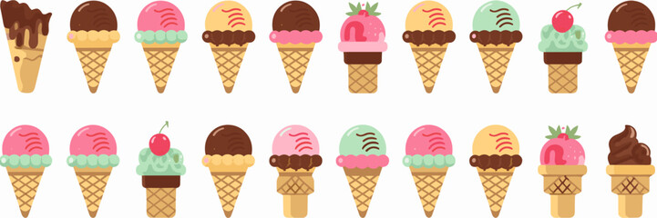 Vector icon sheet of summer ice cream cones with various flavors – Great for dessert branding, seasonal menu designs, or kids’ content