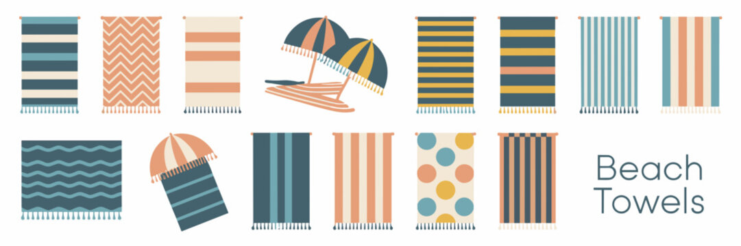 Vector icon sheet of colorful beach towels with different patterns – Ideal for travel promotions, beach resort branding, or summer fashion content