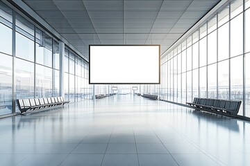 Bright airport terminal lounge with empty seats and blank advertisement display providing a sense of modern travel.