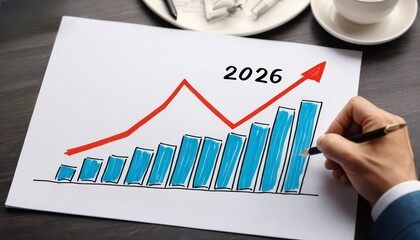 Hand drawing a rising bar graph for 2026 with a red arrow indicating projected financial growth or success on paper.