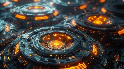 Intergalactic AI civilization futuristic alien built technology integrating bio energy source glowing cybernetic planetary control centers