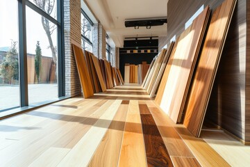 Showroom for wood flooring displays featuring various textures and colors in a modern interior space