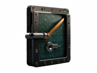 Close up of a digital safe with handle and lock on a black background