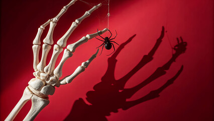 Skeleton hand with spider on red background — perfect for Halloween promotions, spooky invitations, and horror-themed designs, scary quest, event and party promo posters, comic book and podcast covers