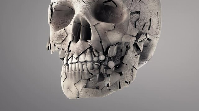 Human skull breaks apart in midair, starting from jaw with fragments chipping and shifting sideways. Worn, cracked yellowish-gray texture with dramatic soft gray background in horizontal 3D animation.