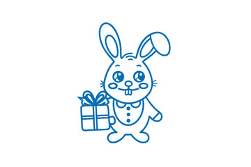 Sweet blue bunny character shows a gift box in hand on a white background