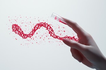 DNA strands spin gracefully over a hand holding a test tube filled with sample fluid, dna strands spinning over hand with test tube with blood on Transparent background