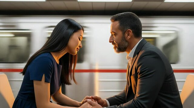 Couple sits on subway platform holding hands while train rushes behind, couple shares gentle smiles, couple turns crowded commute into warm connection. Concept urban romance