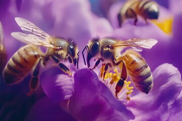 Bees gather on purple flower during sunny day for a delightful encounter in nature, Bees on purple flower, funny encounter, nature colors, bees insects macro slow-motion