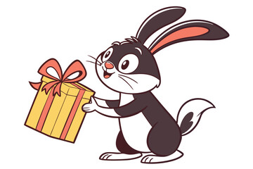 Happy cartoon bunny is holding a yellow gift box with a coral ribbon