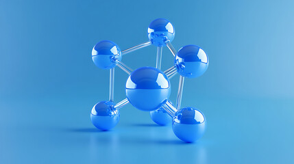 Molecule model on blue background illustrating scientific connections and network formation with clean design reflecting research and innovation exploring structure