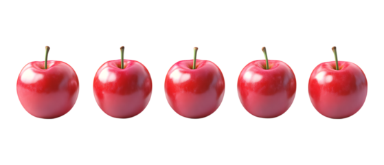 Pack Collection Five Red Apples in a Row Perfect Alignment  Vibrant Color set against transparent background