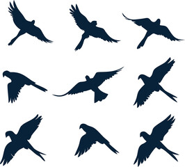 silhouettes of Black flying  bird , vector icon set of a dove, eagle, parrot or pigeon with wings wide, symbolizing freedom & peace.