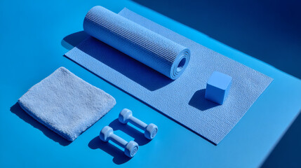 Fototapeta premium Fresh blue gym equipment featuring dumbbells, a towel, yoga mat, and block, ready for a workout session focusing on fitness and health.