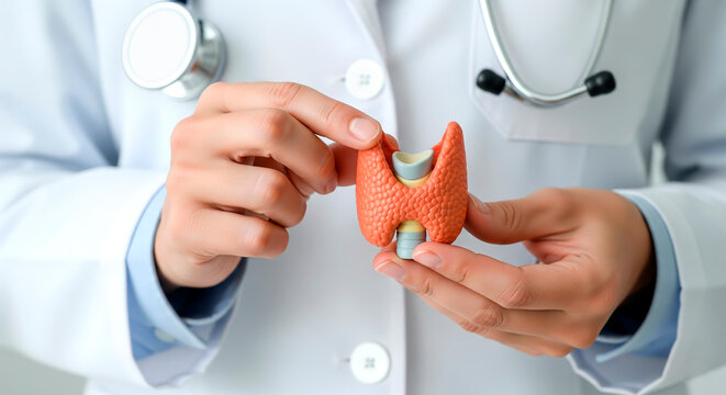 Doctor holds a thyroid gland model. Thyroid health, endocrine system, and medical research.