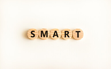 Smart symbol. Concept word Smart on beautiful wooden circles. Beautiful white table white background. Business lifestyle smart concept. Copy space.
