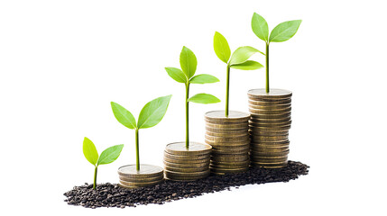 Money tree growing concept depicts financial investments growth and savings on white background