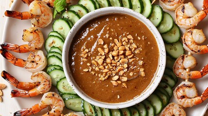 A bowl of satay sauce surrounded by grilled shrimp skewers, served with fresh cucumber ribbons and a sprinkle of crushed peanuts.