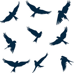 Obraz premium Vector icon set of flying bird silhouettes, black dove or eagle, eagle, parrot wings outstretched, symbol of freedom, peace, and nature.