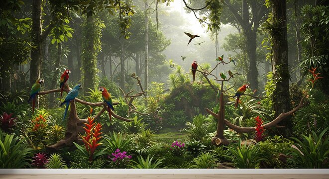 Vibrant Macaws Perched in Lush, Misty Rainforest Canopy, Exotic Flora, and Soft Sunlight